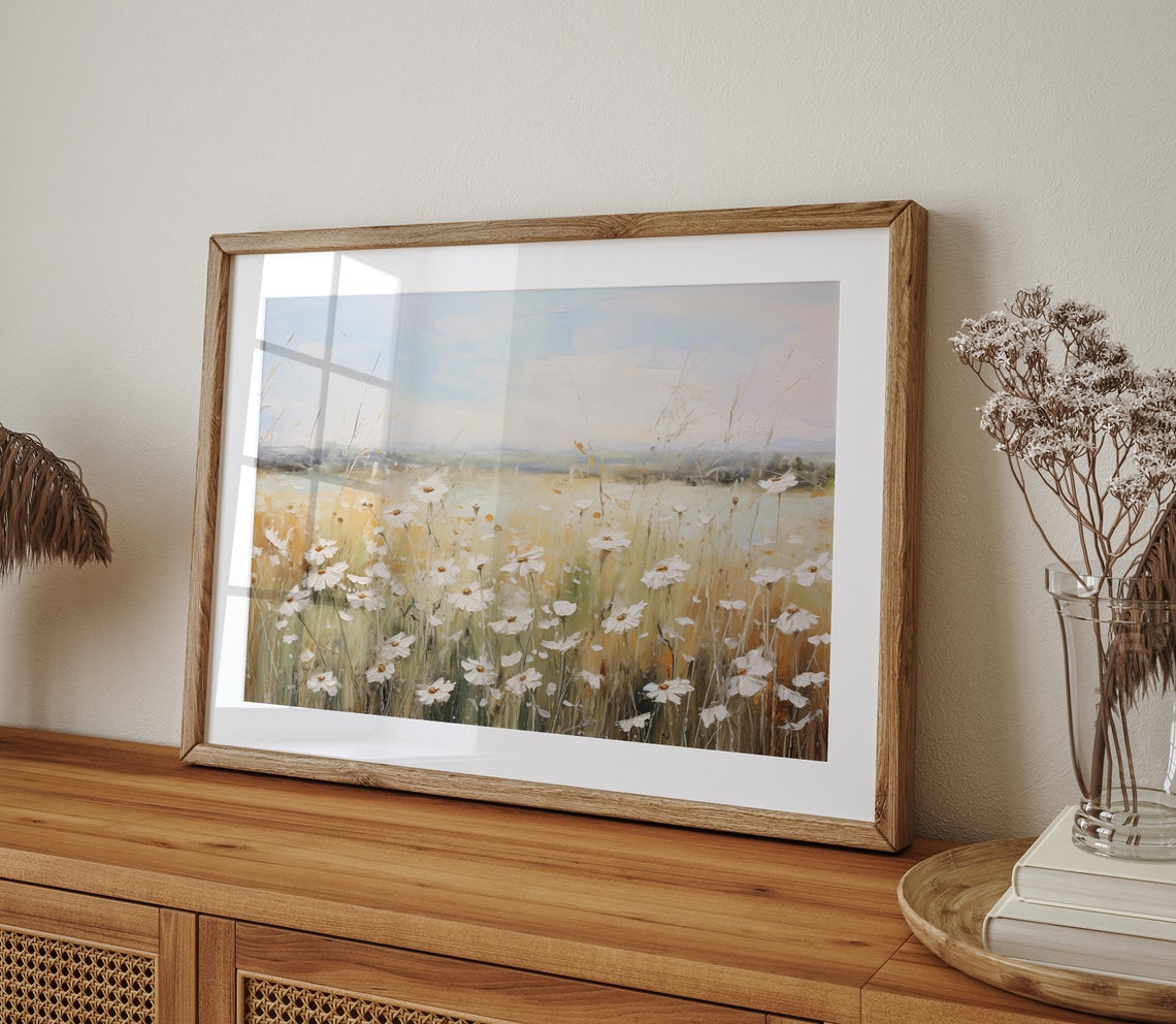 White Daisy Field Tall Golden Grass Pastel Sky Landscape Print - Image 2