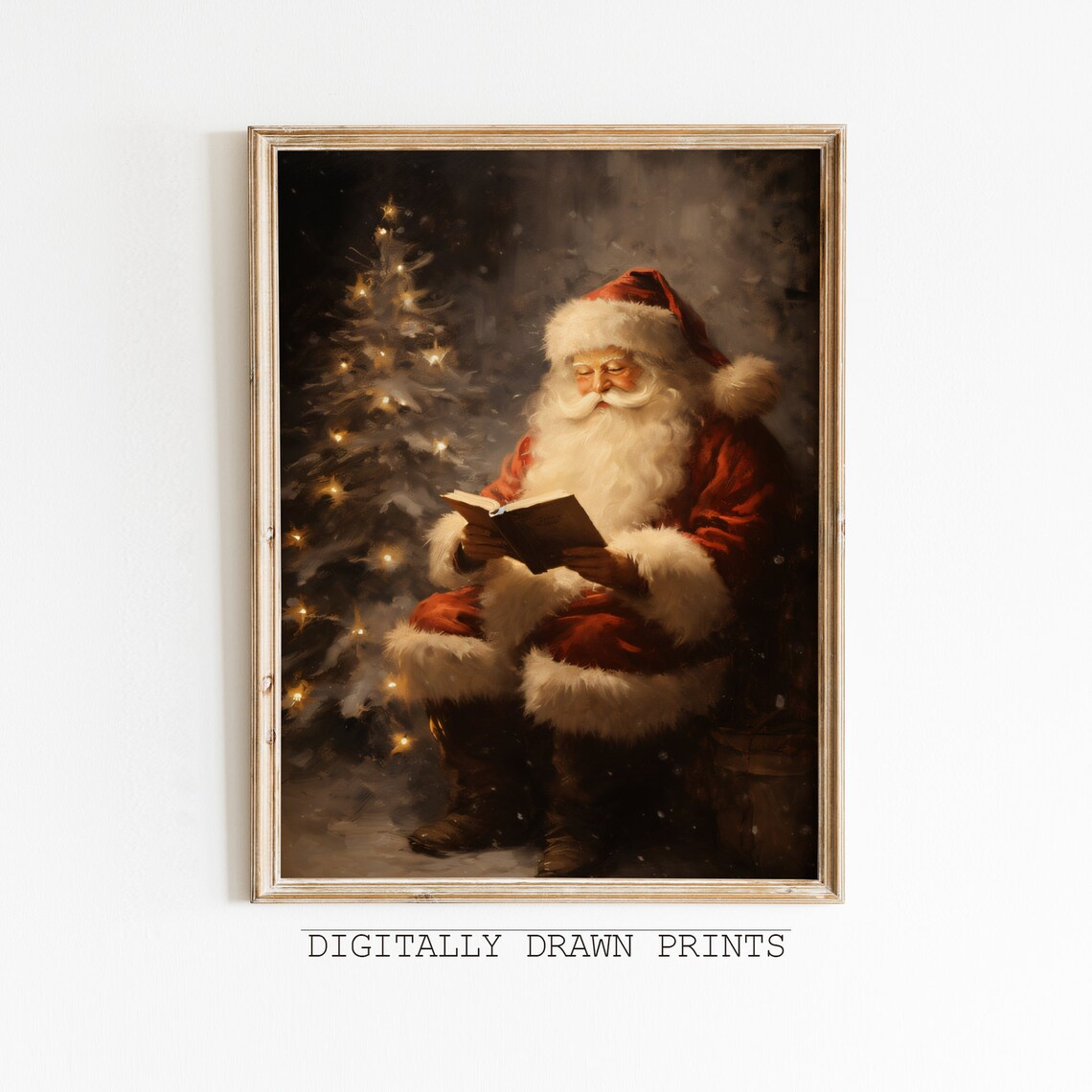 Vintage Christmas Santa Reading Book Farmhouse Art Print
