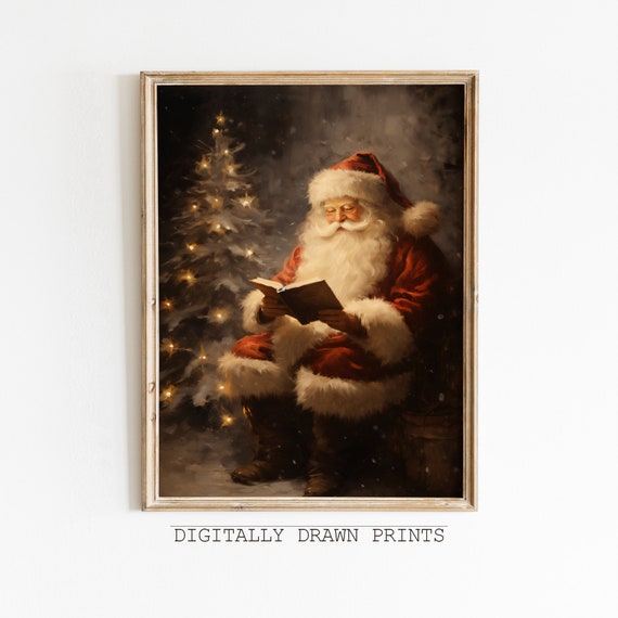 Vintage Christmas Santa Reading Book Farmhouse Art Print