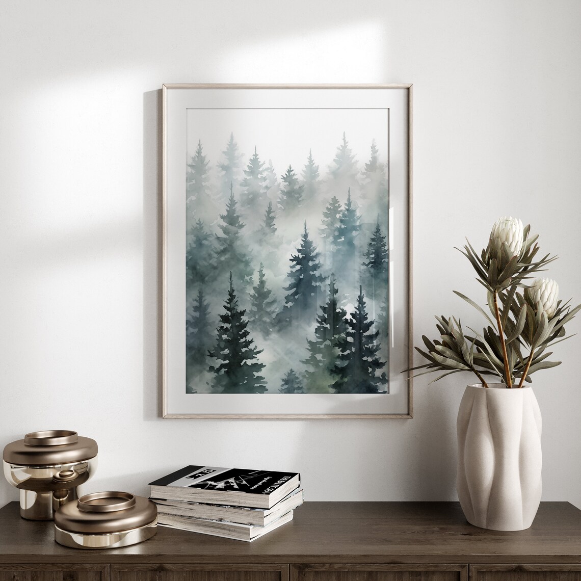 Misty Pine Forest Watercolor Foggy Evergreen Trees Neutral Wall Art Print - Image 3