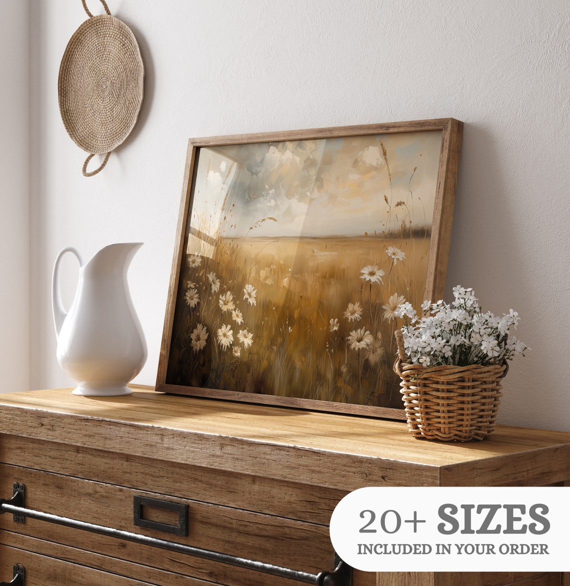 Golden Daisy Field Sunset Wheat Vintage Prairie Landscape Oil Print - Image 3