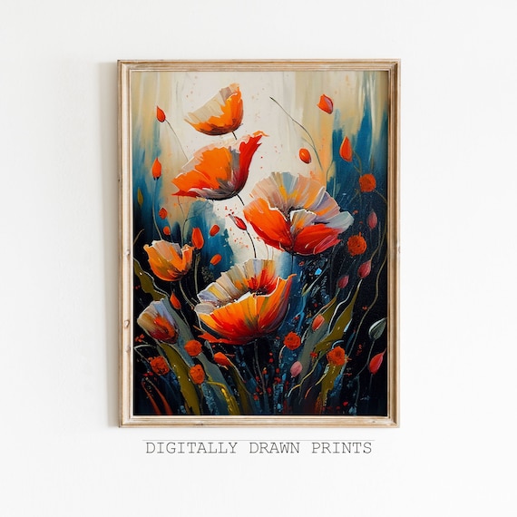 Orange Abstract Poppies Dark Teal Background Modern Floral Art Print