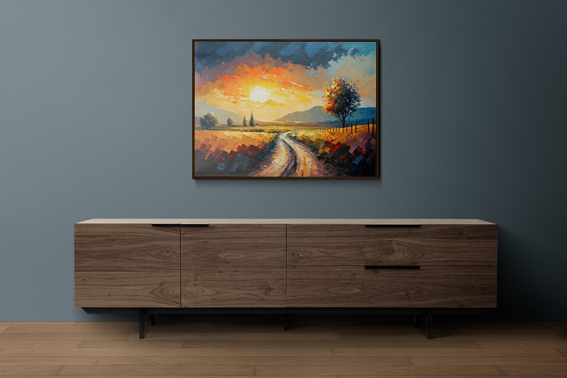 Country Road Sunset Golden Wheat Fields Impasto Oil Painting Poster - Image 2