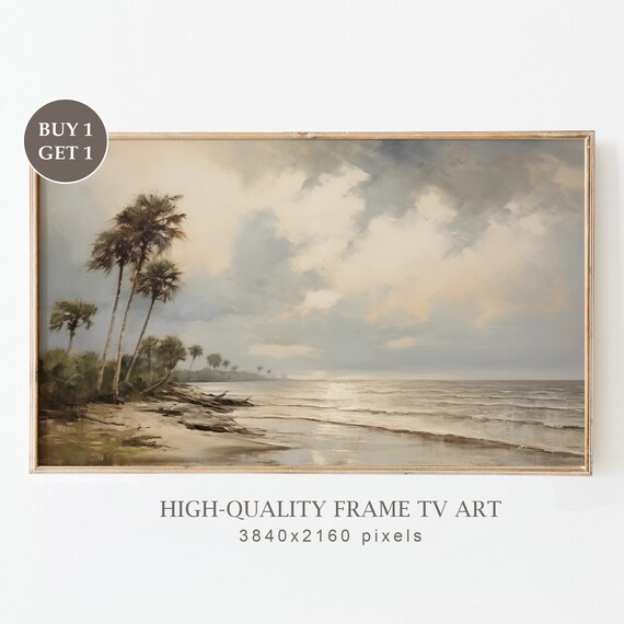 Moody Palm Tree Beach Overcast Vintage Coastal Seascape Gray Sky Poster