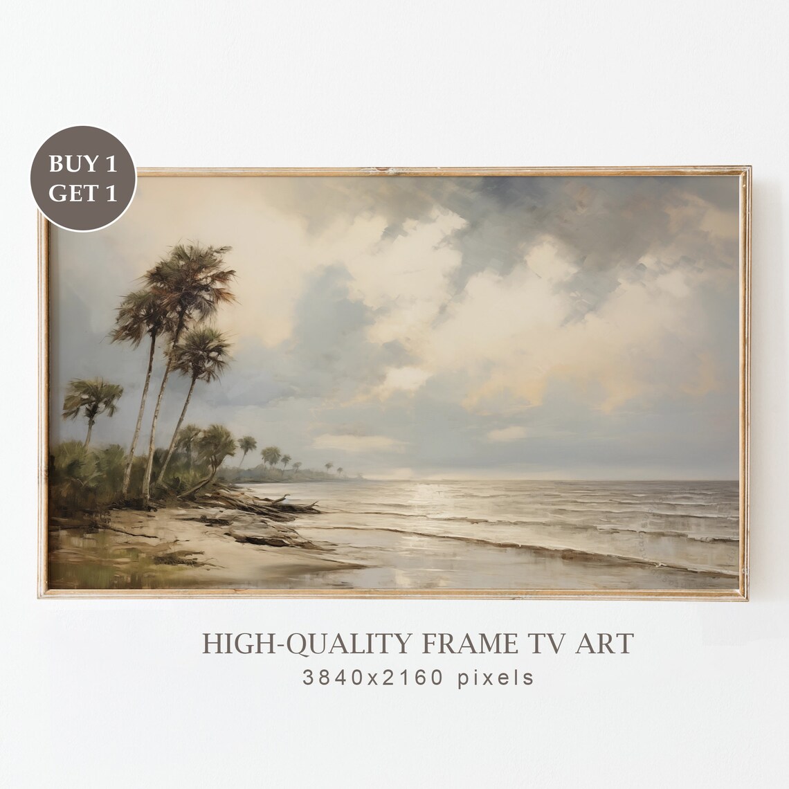 Moody Palm Tree Beach Overcast Vintage Coastal Seascape Gray Sky Poster