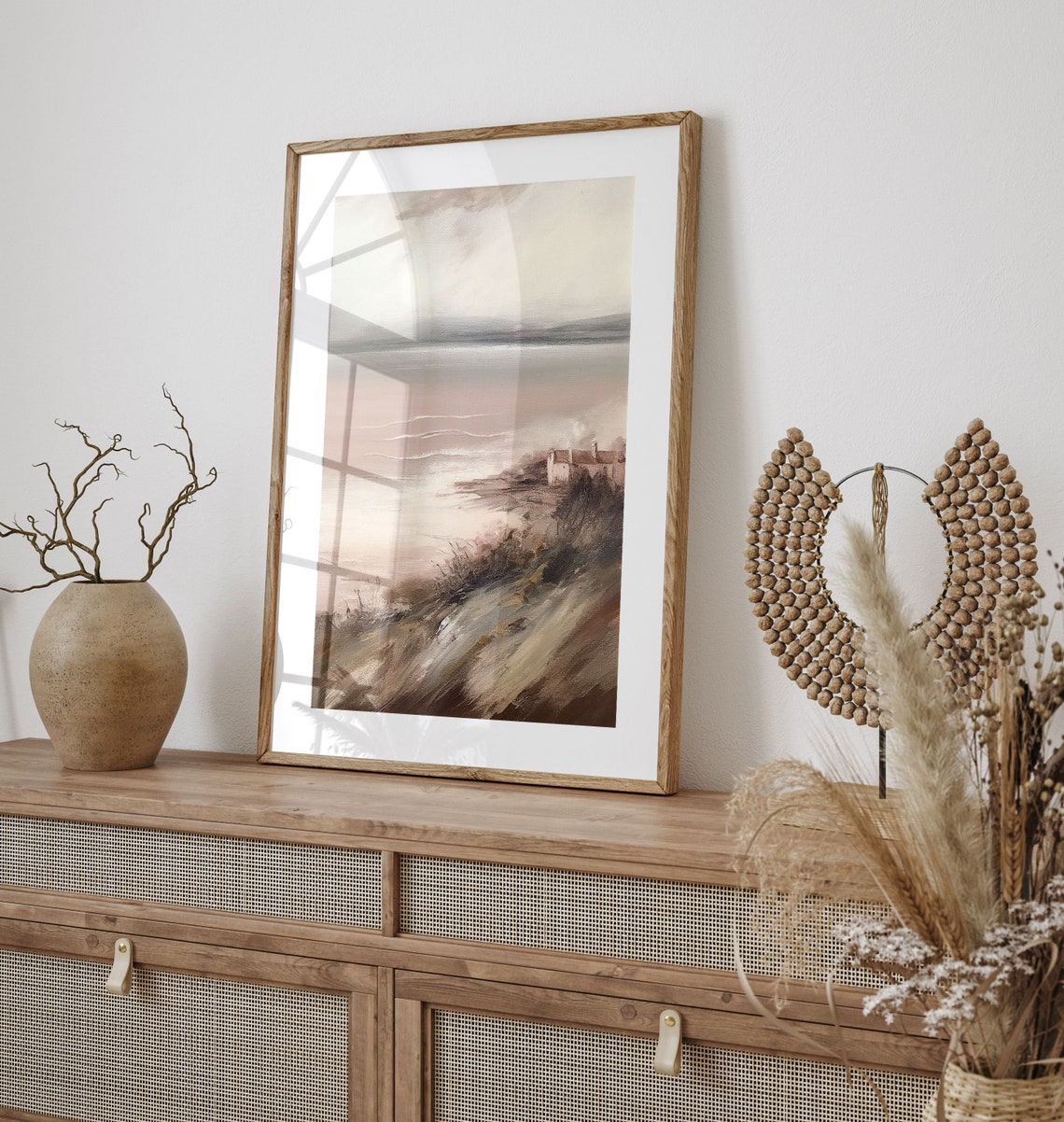 Muted Pink Gray Abstract Seascape Cottage Cliff Vintage Wall Art - Image 3