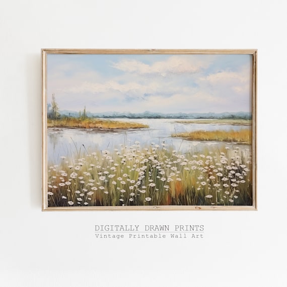 Wildflower Meadow Beside Calm Lake Cloudy Sky Landscape Print