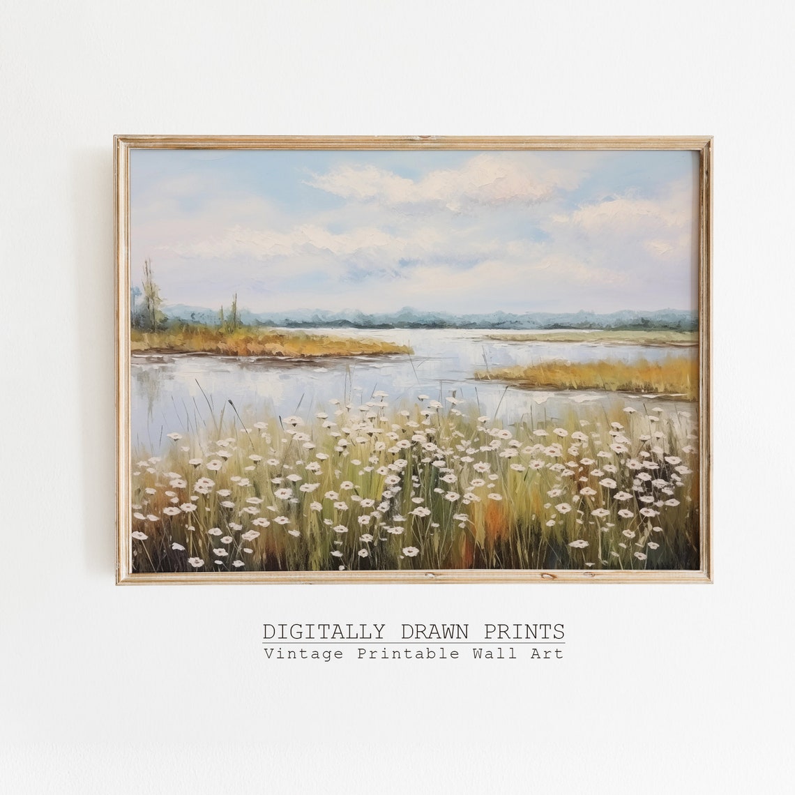 Wildflower Meadow Beside Calm Lake Cloudy Sky Landscape Print