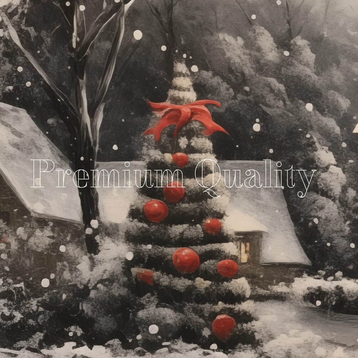 Snowy Stone Cottage Christmas Tree Winter Moody Night Art Poster - Image 2