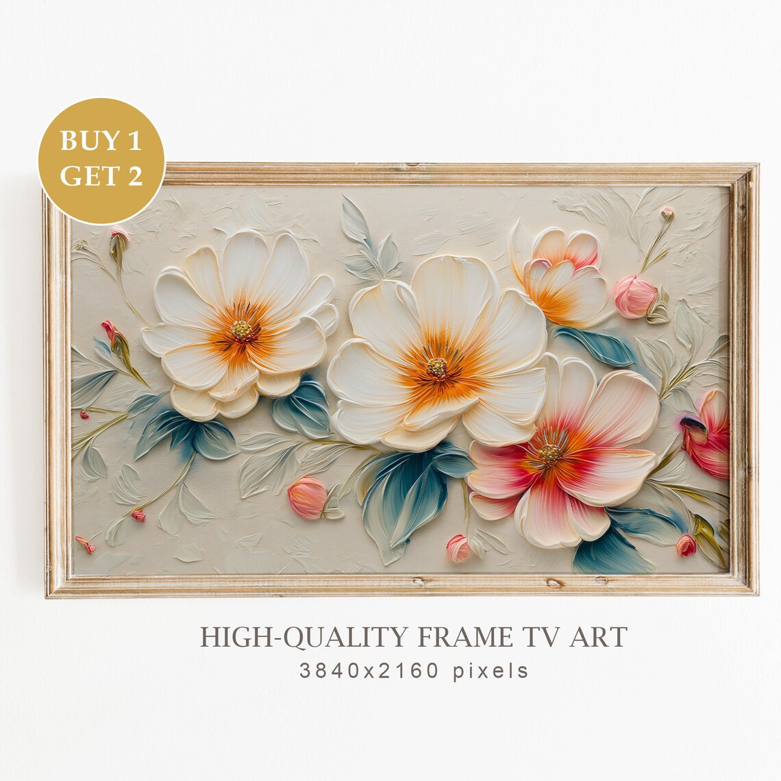 White Cream 3D Flowers Impasto Botanical Frame TV Art Print Neutral Decor