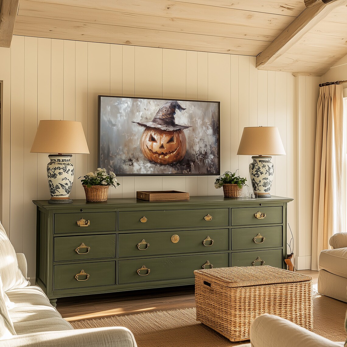 Jack O Lantern Wearing Witch Hat Rustic Gray Background Halloween Poster - Image 3