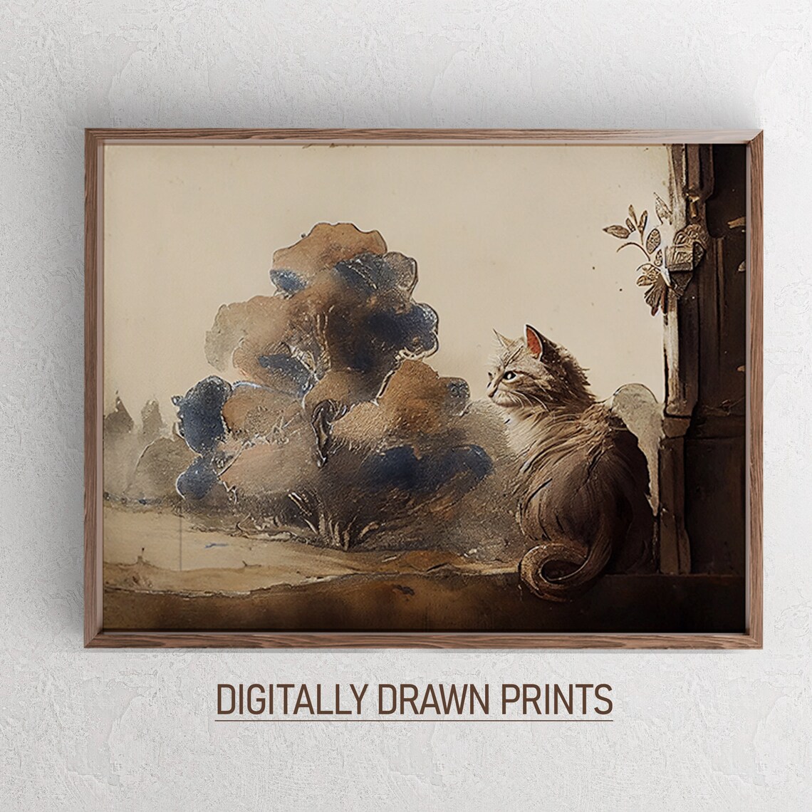 Vintage Rustic Neutral Cat Landscape Art Print