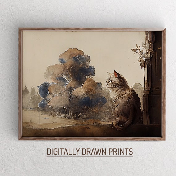 Vintage Rustic Neutral Cat Landscape Art Print