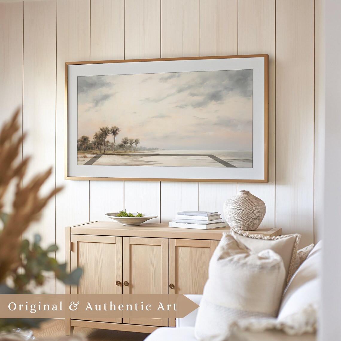 Soft Sunrise Palm Beach Sandy Shore Cloudy Sky Neutral Coastal Art Poster - Image 4