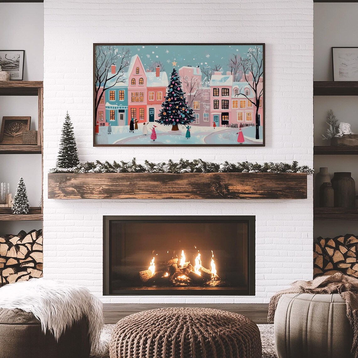 Snowy Pink Village Christmas Landscape Art Print - Image 5