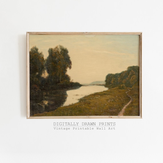 Golden Hour River Landscape Dark Trees Winding Path Vintage Evening Poster