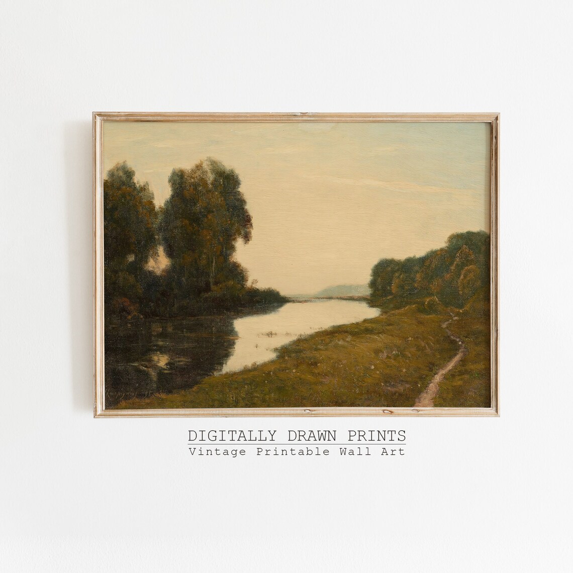 Golden Hour River Landscape Dark Trees Winding Path Vintage Evening Poster