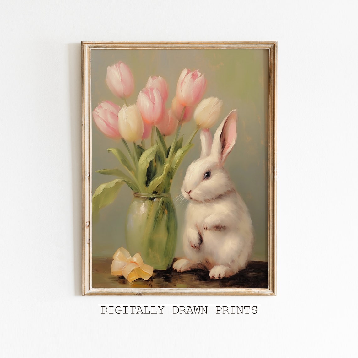 White Bunny Pastel Tulips Glass Vase Ribbon Vintage Spring Oil Print