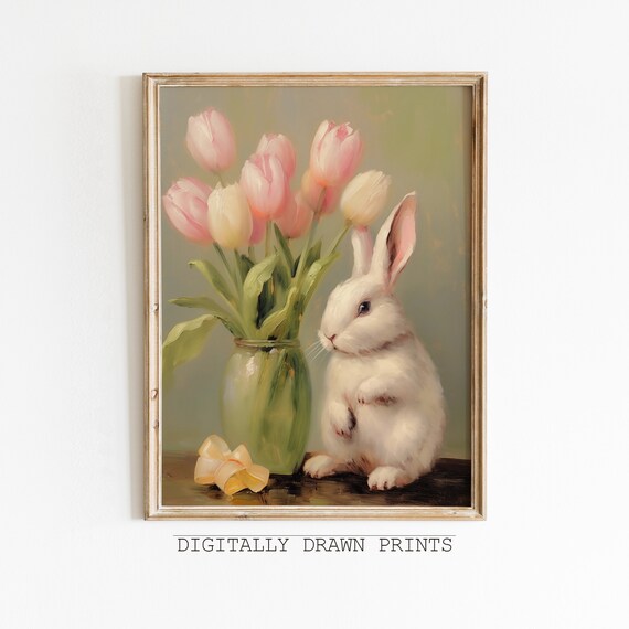 White Bunny Pastel Tulips Glass Vase Ribbon Vintage Spring Oil Print