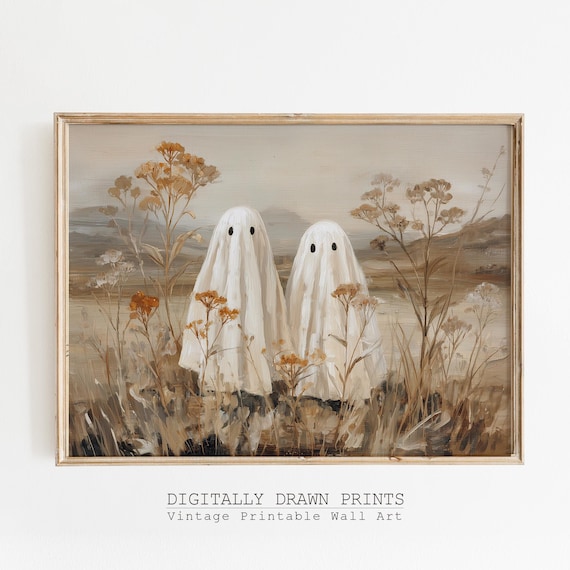 Muted Neutral Halloween Wall Art Cute Ghosts Painting Vintage Rustic Fall Spooky Season Home Decor