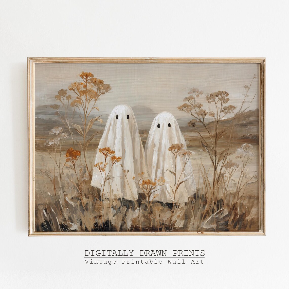 Muted Neutral Halloween Wall Art Cute Ghosts Painting Vintage Rustic Fall Spooky Season Home Decor