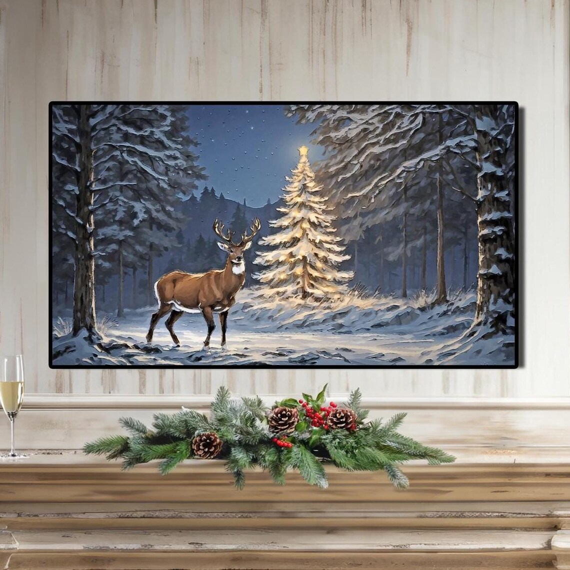 Deer Beside Lit Christmas Tree in Snowy Forest Winter Poster