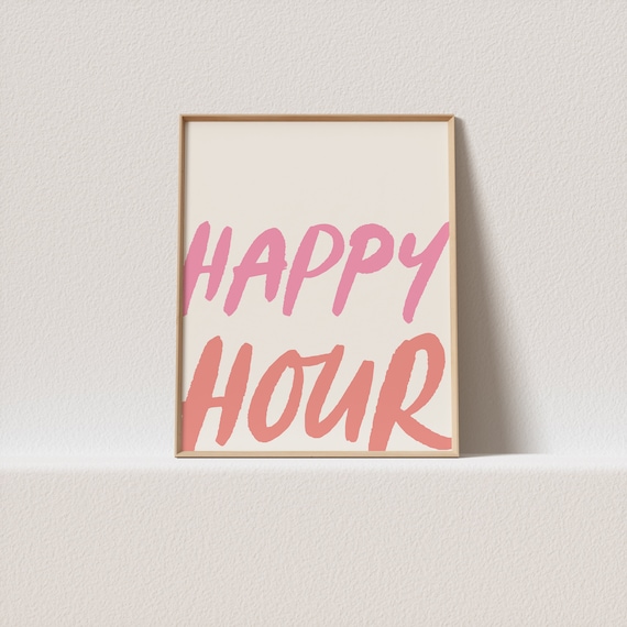 Happy Hour Pink Brush Lettering Minimal Bar Quote Poster Decor