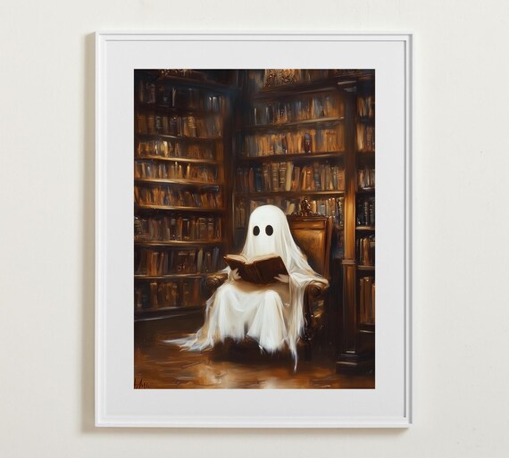 Cute Spooky Ghost Reading a Book in a Cozy Library Painting Poster