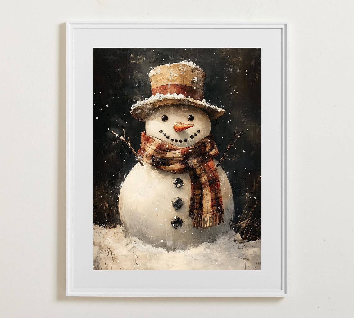 Snowman with Plaid Scarf and Hat in Falling Snow Winter Art Poster