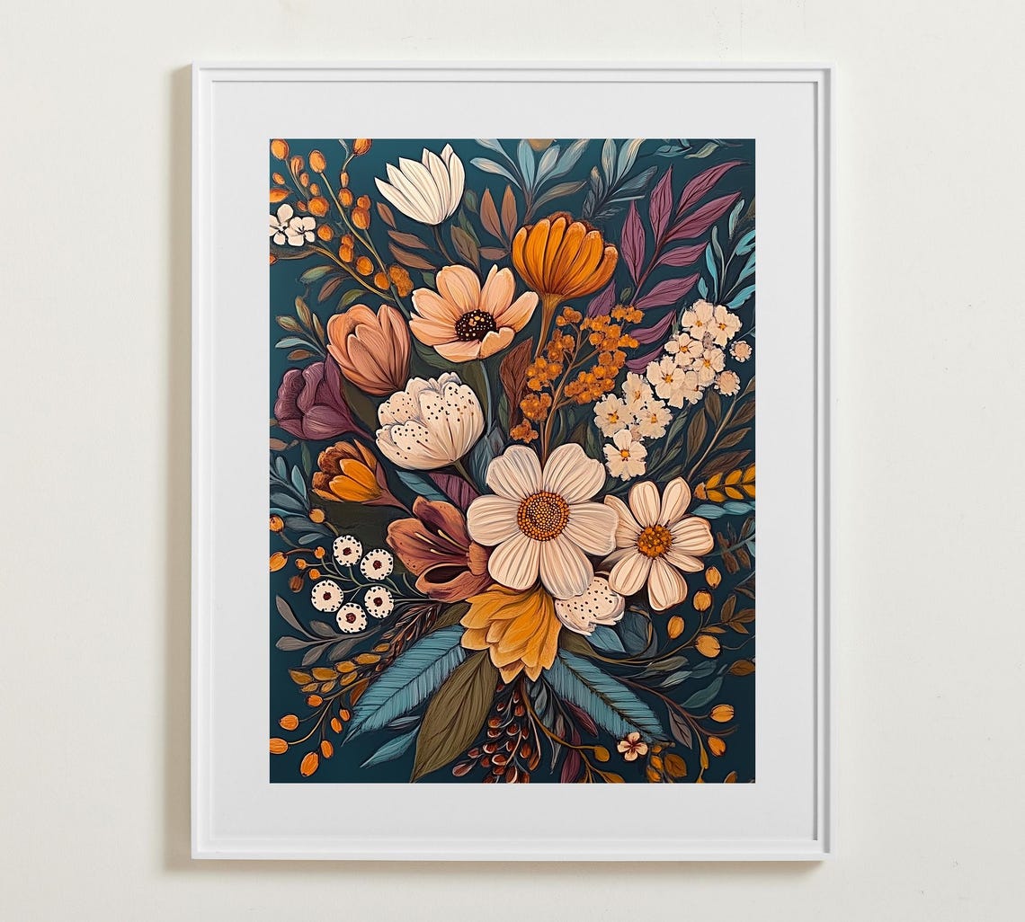 Vibrant Orange Floral Bouquet on Deep Teal Botanical Art Poster