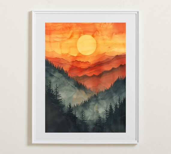 Mountain Glow Wall Art Sunrise Over Peaks Mountain Poster Tranquil Deco Gallery Wall Art Instant Wall Art