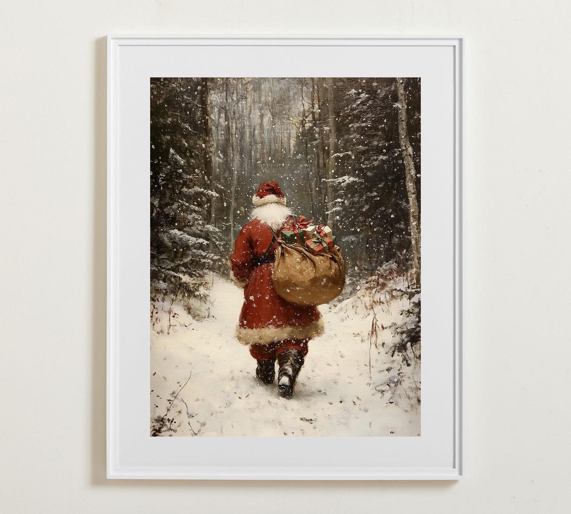Santa Claus Walking Away into Snowy Forest with Gift Sack Poster