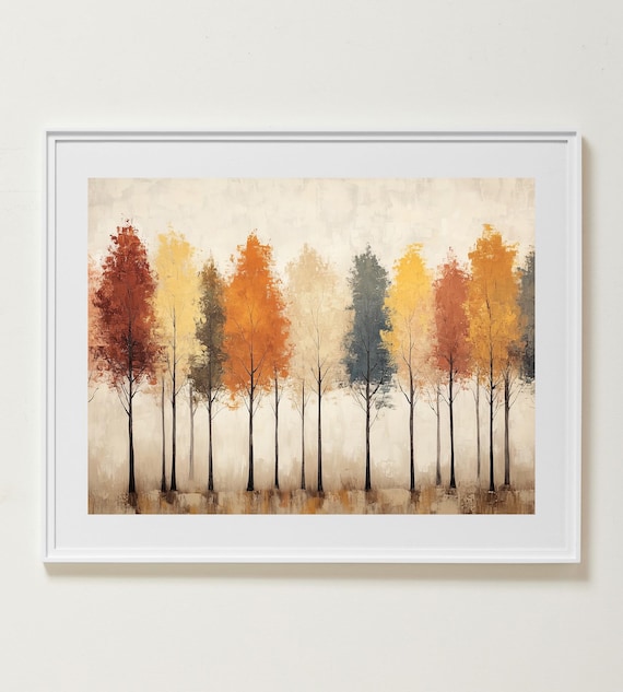 Abstract Autumn Trees Row Muted Fall Colors Minimalist Beige Forest Art Poster
