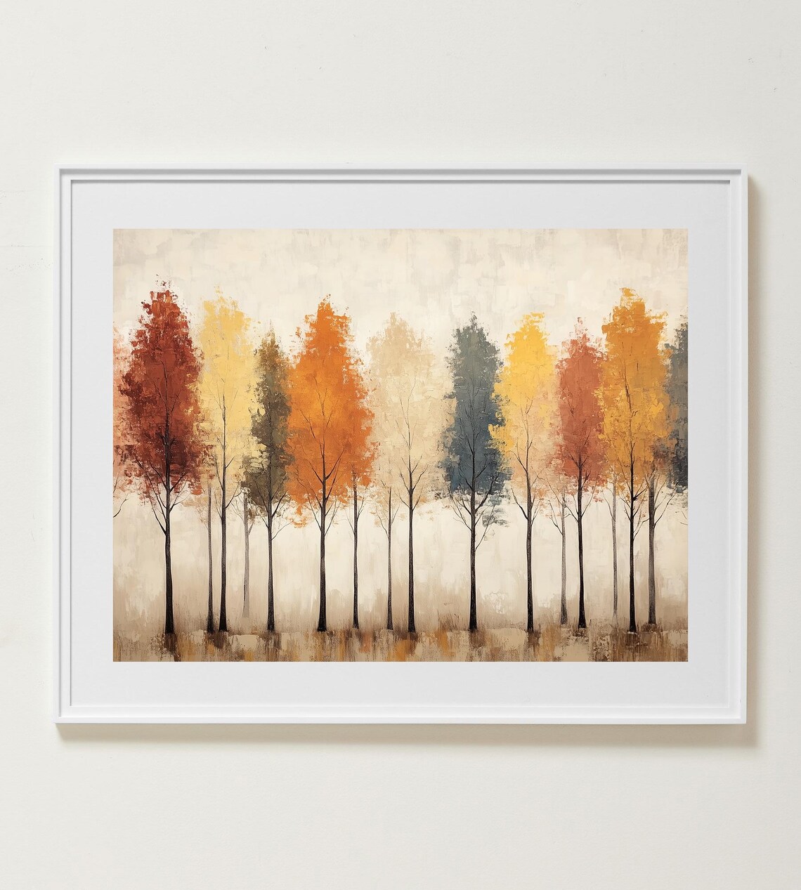 Abstract Autumn Trees Row Muted Fall Colors Minimalist Beige Forest Art Poster