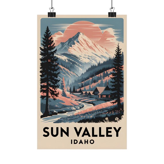 Sun Valley Idaho Vintage Mountain River Cabin Sunset Travel Poster