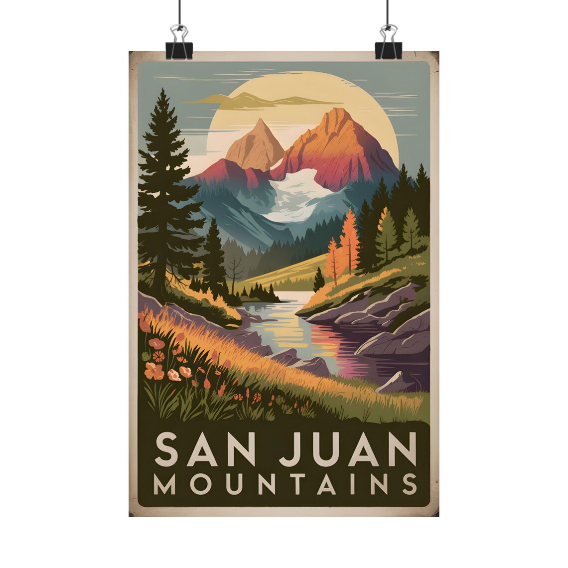 San Juan Mountains Vintage Sunset Poster Alpine Lake Peaks and Wildflowers