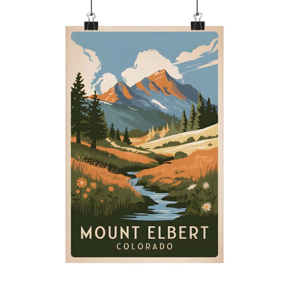 Mount Elbert Colorado Vintage Poster Peak Stream Wildflower Meadow Scene