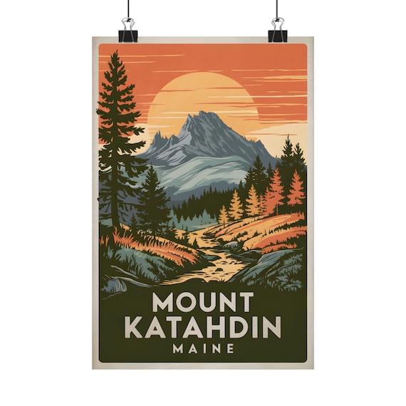Mount Katahdin Maine Vintage Poster Sunset Peak Appalachian Trail Nature