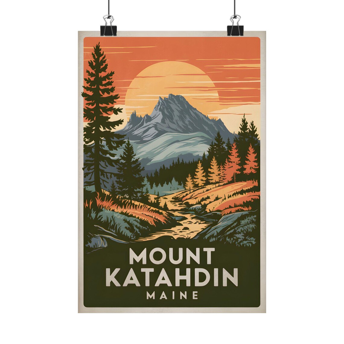 Mount Katahdin Maine Vintage Poster Sunset Peak Appalachian Trail Nature