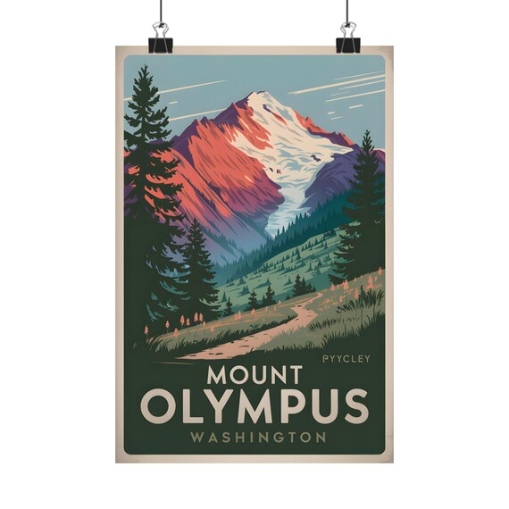 Mount Olympus Washington Snowy Peak Evergreen Forest Vintage Poster