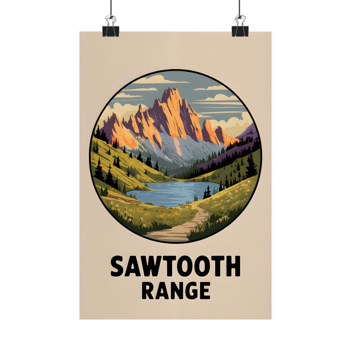 Sawtooth Range Circle Badge Alpine Lake Vintage Mountain Art Poster
