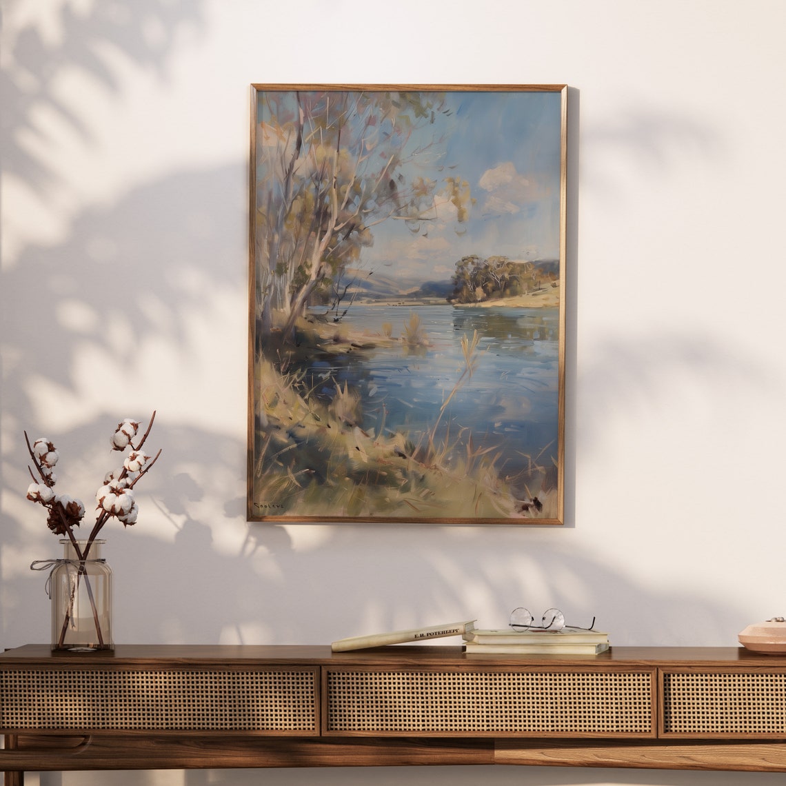 Pale Silvery Trees By A Still Blue Lake In A Soft Watercolor Poster - Image 3