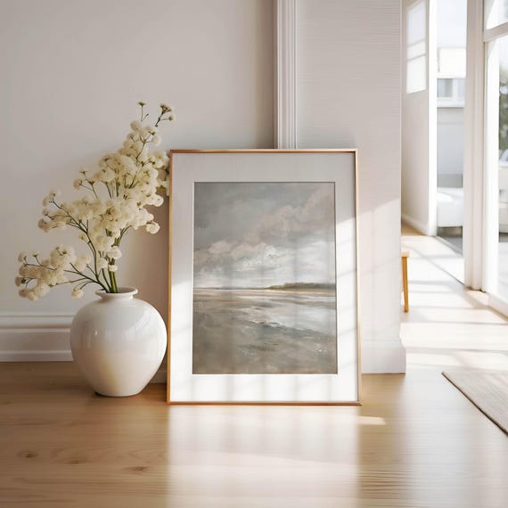Misty Coastal Morning Painting Minimalist Moody Beach Art Calm Ocean Seascape Muted Greige Wall