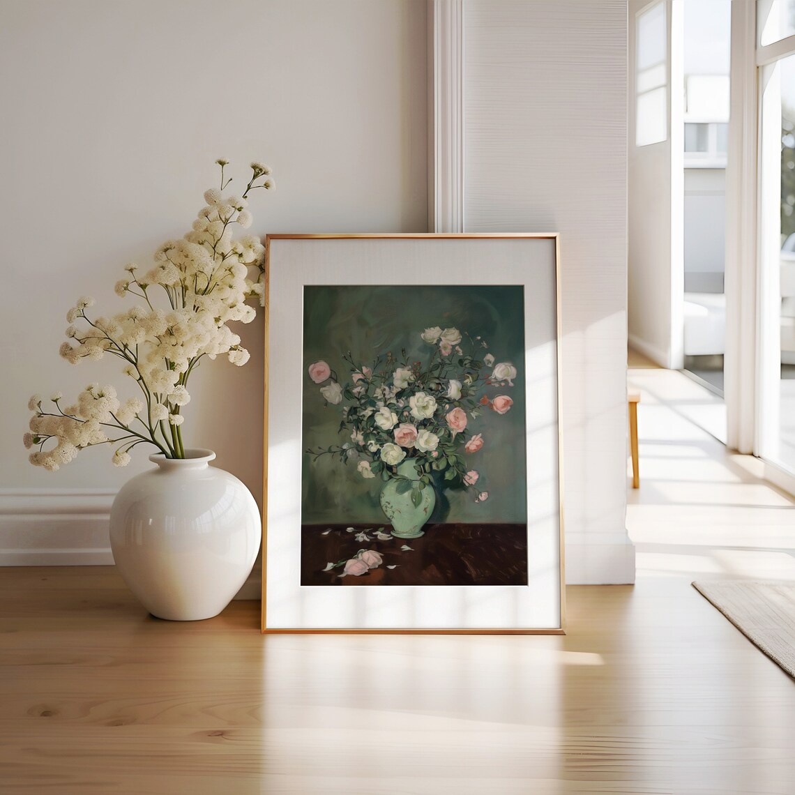 White Pink Rose Bouquet Still Life Vintage Floral Painting Poster - Image 2