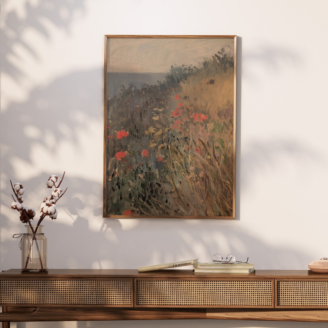 Vintage Moody Wildflower Meadow Seaside Landscape Painting Morning Coastal Floral Art Red Poppies By Sea Art - Image 3