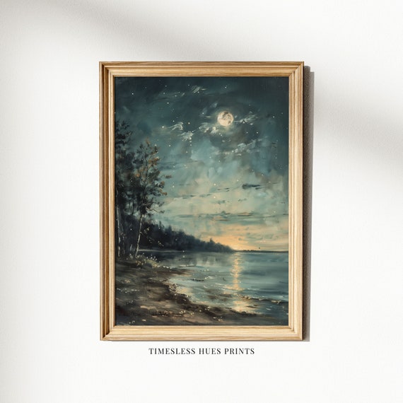Full Moon Nighttime Coastal Beach Painting Moody Wall Art Dark Academia Decor Gothic Landscape Dark Cloud Moon Art Wall Art