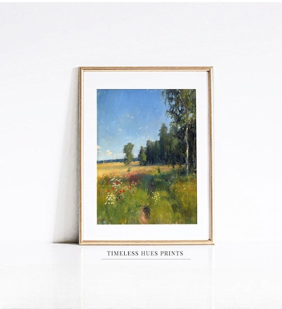 Bright Summer Wildflower Meadow Birch Grove Vintage Landscape Painting Poster