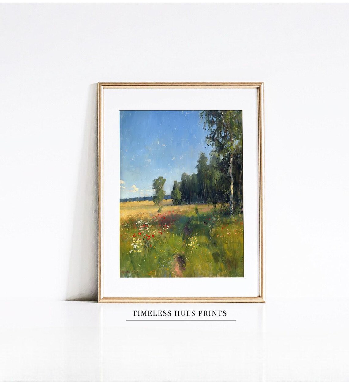 Bright Summer Wildflower Meadow Birch Grove Vintage Landscape Painting Poster