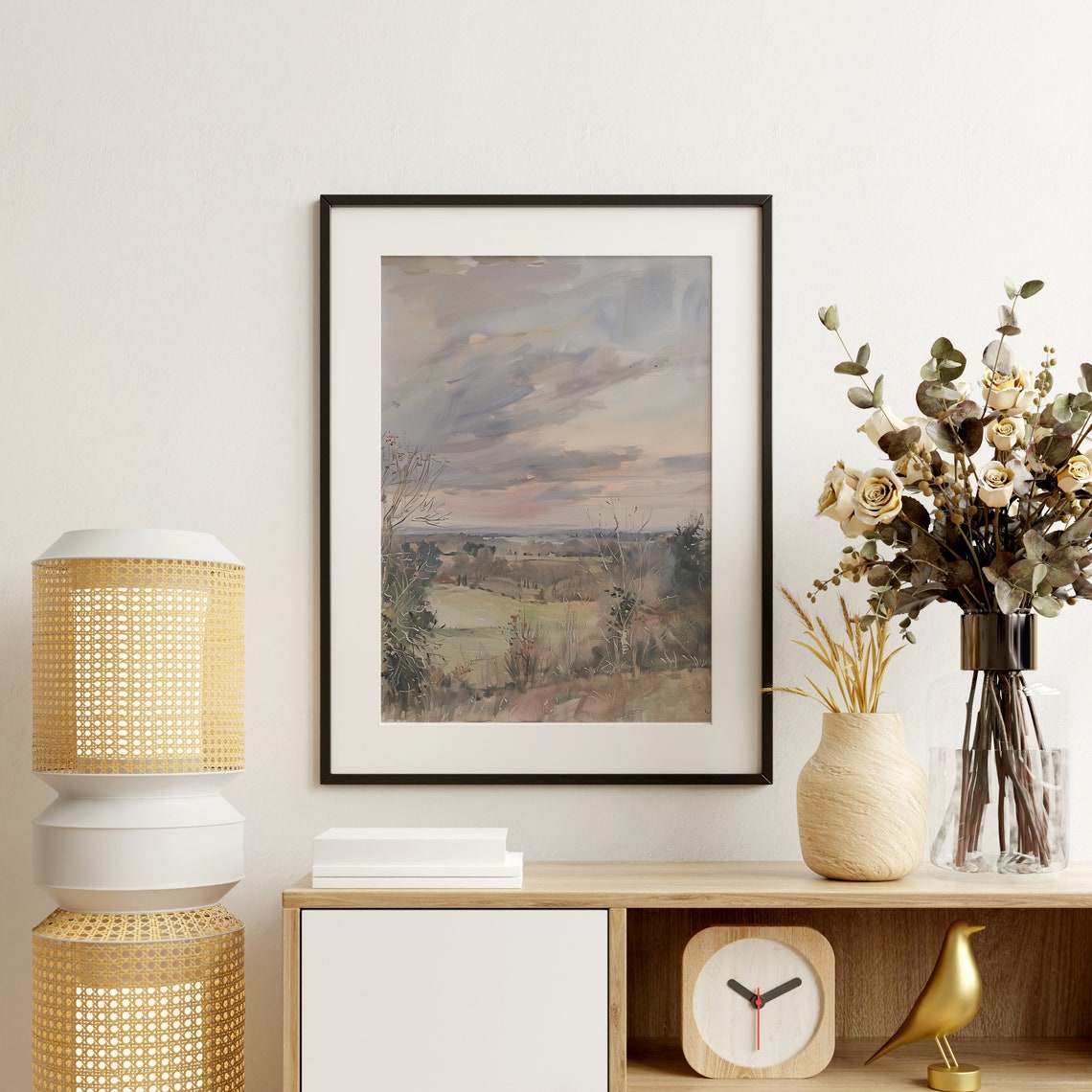 Wide Autumn Valley Under Cloudy Pastel Sky Oil Painting Poster - Image 2