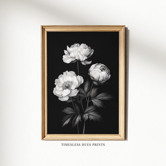Moody Gothic Black And White Dark Botanical Art Peony Monochrome Art Floral Print Wall Decor Art Minimalist Art Wall Art